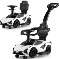 3-in-1 Lamborghini Rutschauto Schiebauto mit Scheinwerfern & Musik & Stauraum Weiß/Schwarz/Rosa