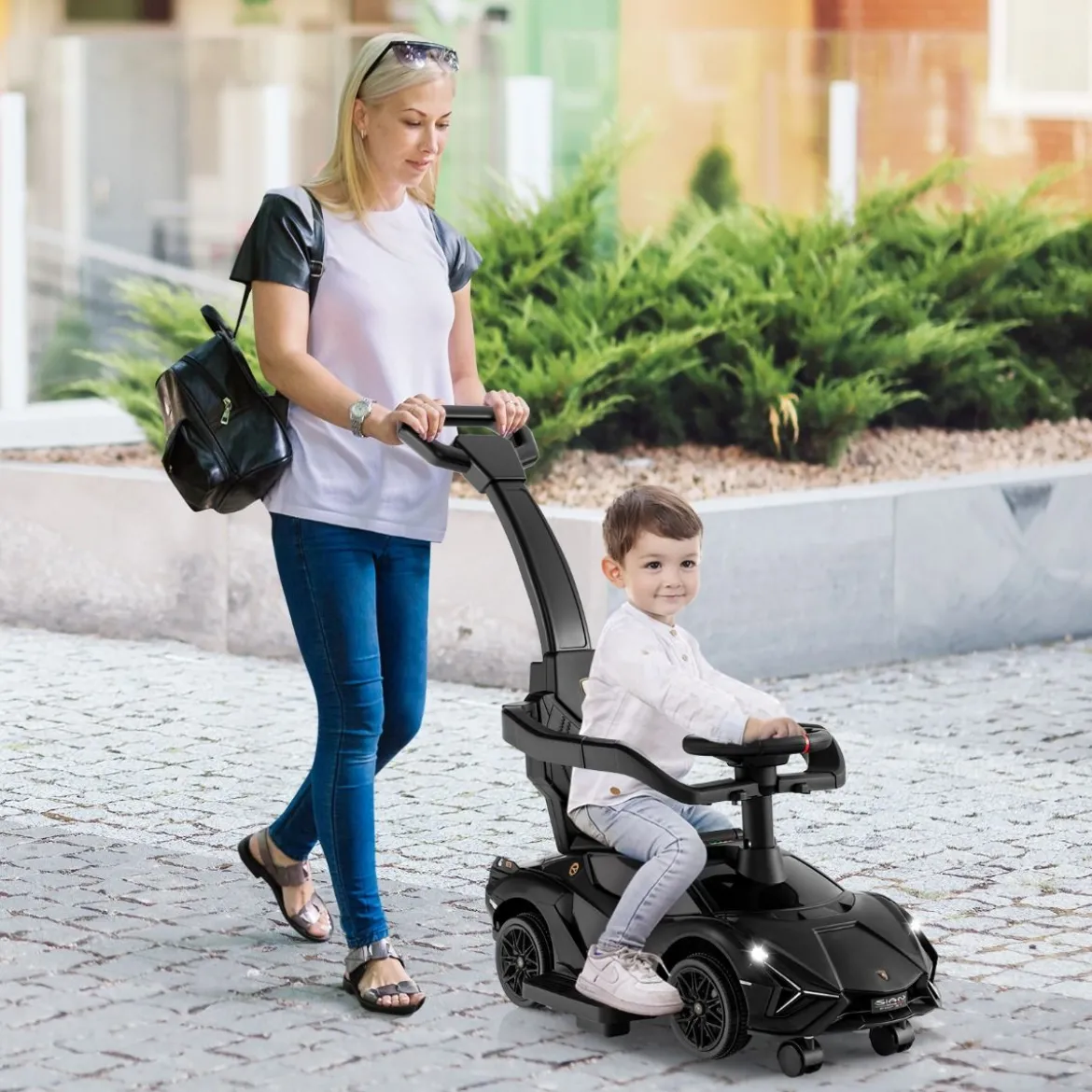 3-in-1 Lamborghini Rutschauto Schiebauto mit Scheinwerfern & Musik & Stauraum Weiß/Schwarz/Rosa