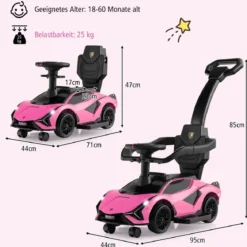 3-in-1 Lamborghini Rutschauto Schiebauto mit Scheinwerfern & Musik & Stauraum Weiß/Schwarz/Rosa
