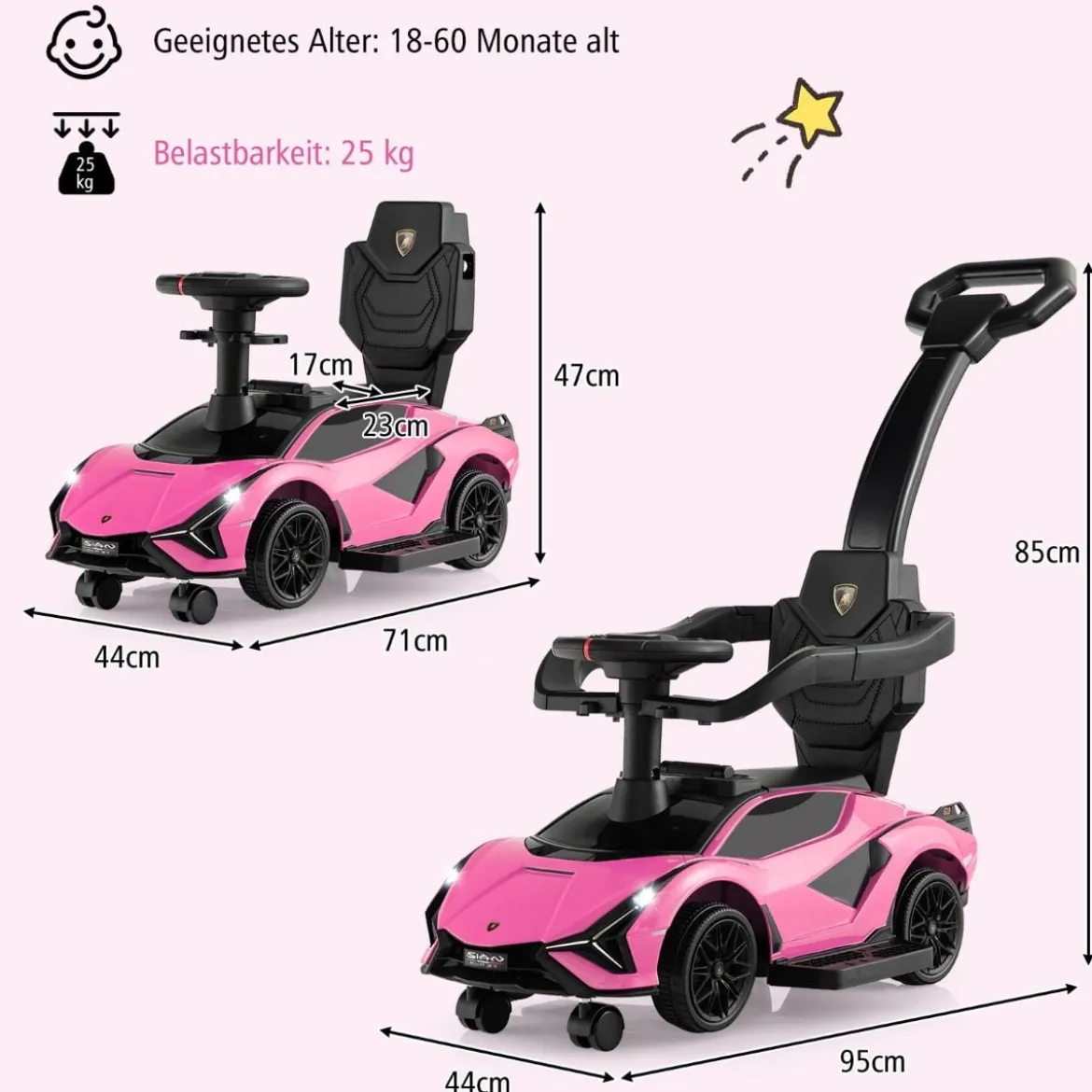 3-in-1 Lamborghini Rutschauto Schiebauto mit Scheinwerfern & Musik & Stauraum Weiß/Schwarz/Rosa