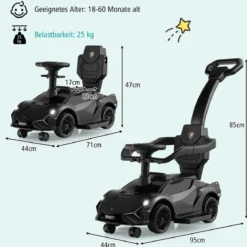 3-in-1 Lamborghini Rutschauto Schiebauto mit Scheinwerfern & Musik & Stauraum Weiß/Schwarz/Rosa