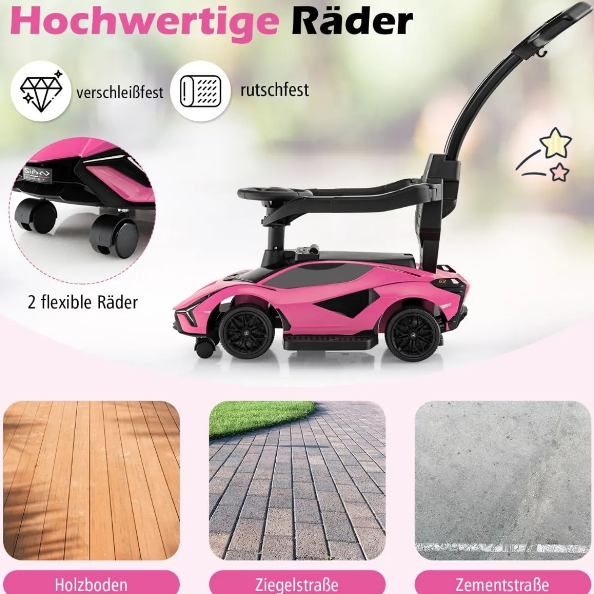 3-in-1 Lamborghini Rutschauto Schiebauto mit Scheinwerfern & Musik & Stauraum Weiß/Schwarz/Rosa