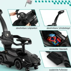 3-in-1 Lamborghini Rutschauto Schiebauto mit Scheinwerfern & Musik & Stauraum Weiß/Schwarz/Rosa
