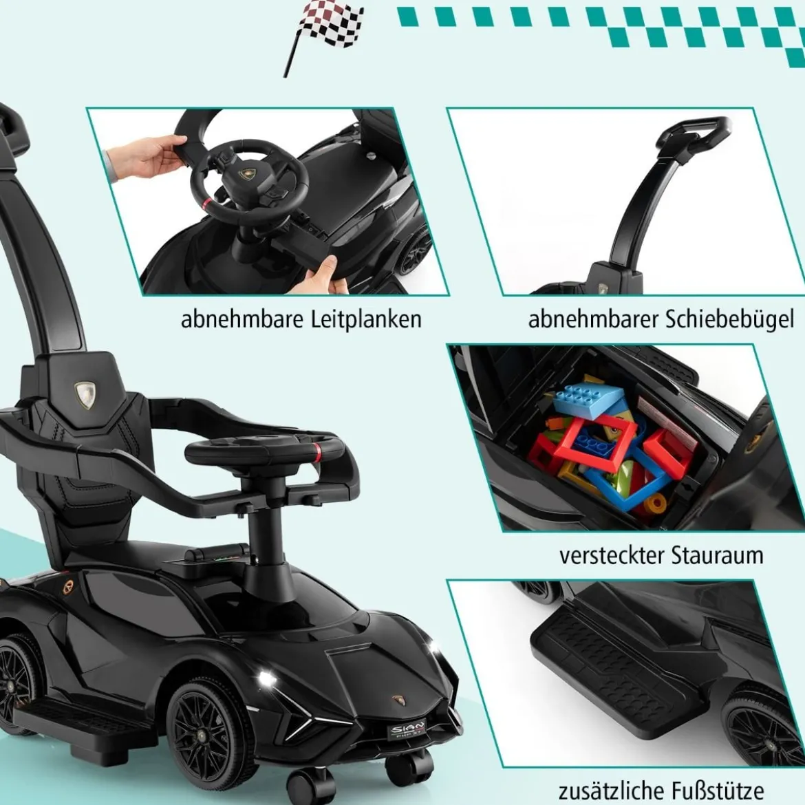 3-in-1 Lamborghini Rutschauto Schiebauto mit Scheinwerfern & Musik & Stauraum Weiß/Schwarz/Rosa