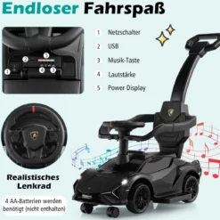3-in-1 Lamborghini Rutschauto Schiebauto mit Scheinwerfern & Musik & Stauraum Weiß/Schwarz/Rosa