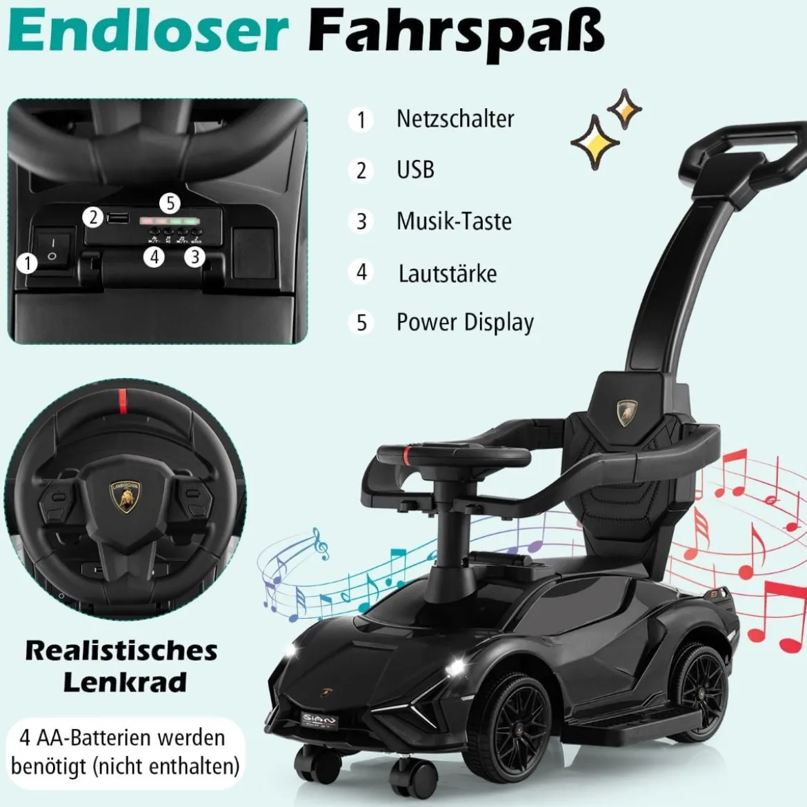 3-in-1 Lamborghini Rutschauto Schiebauto mit Scheinwerfern & Musik & Stauraum Weiß/Schwarz/Rosa