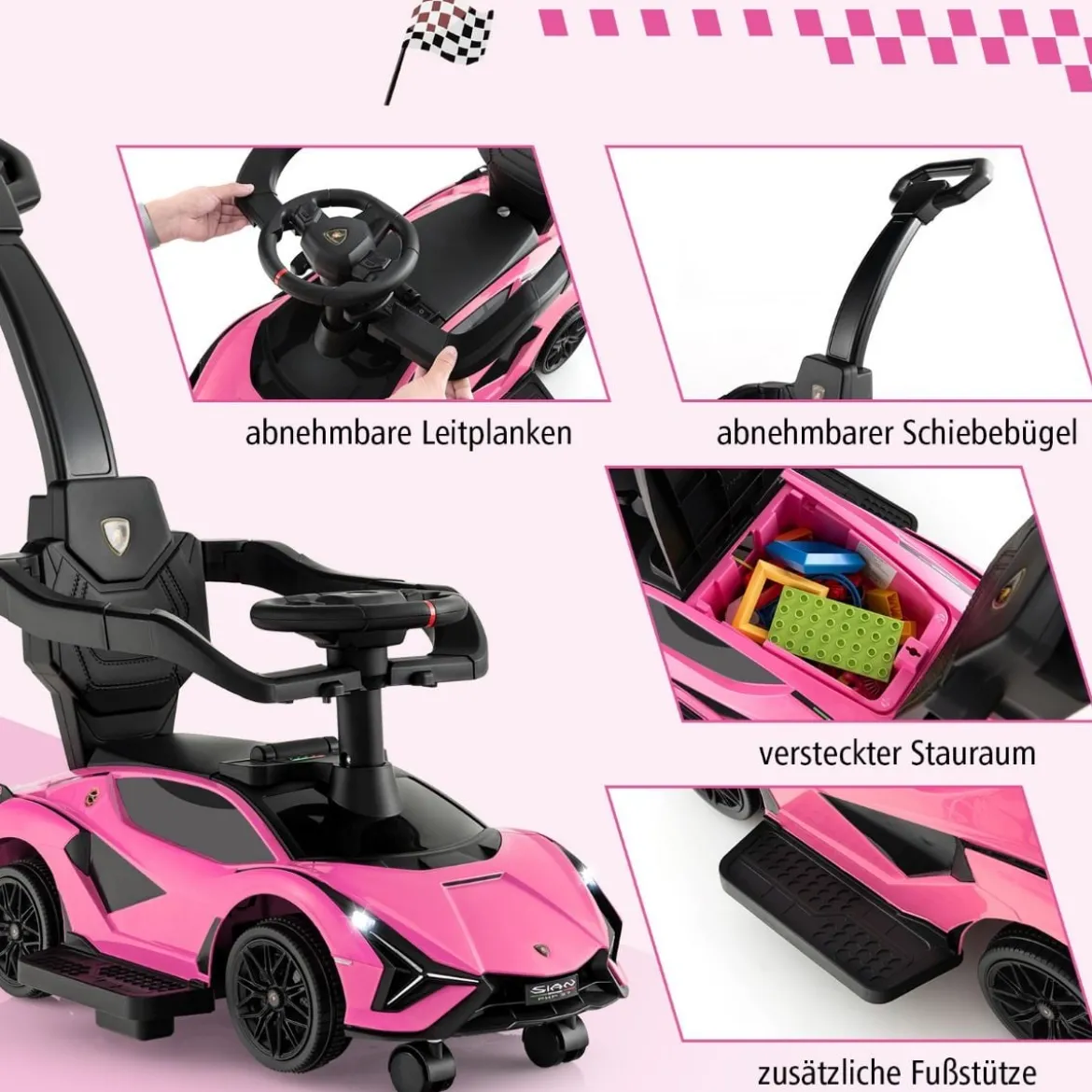 3-in-1 Lamborghini Rutschauto Schiebauto mit Scheinwerfern & Musik & Stauraum Weiß/Schwarz/Rosa