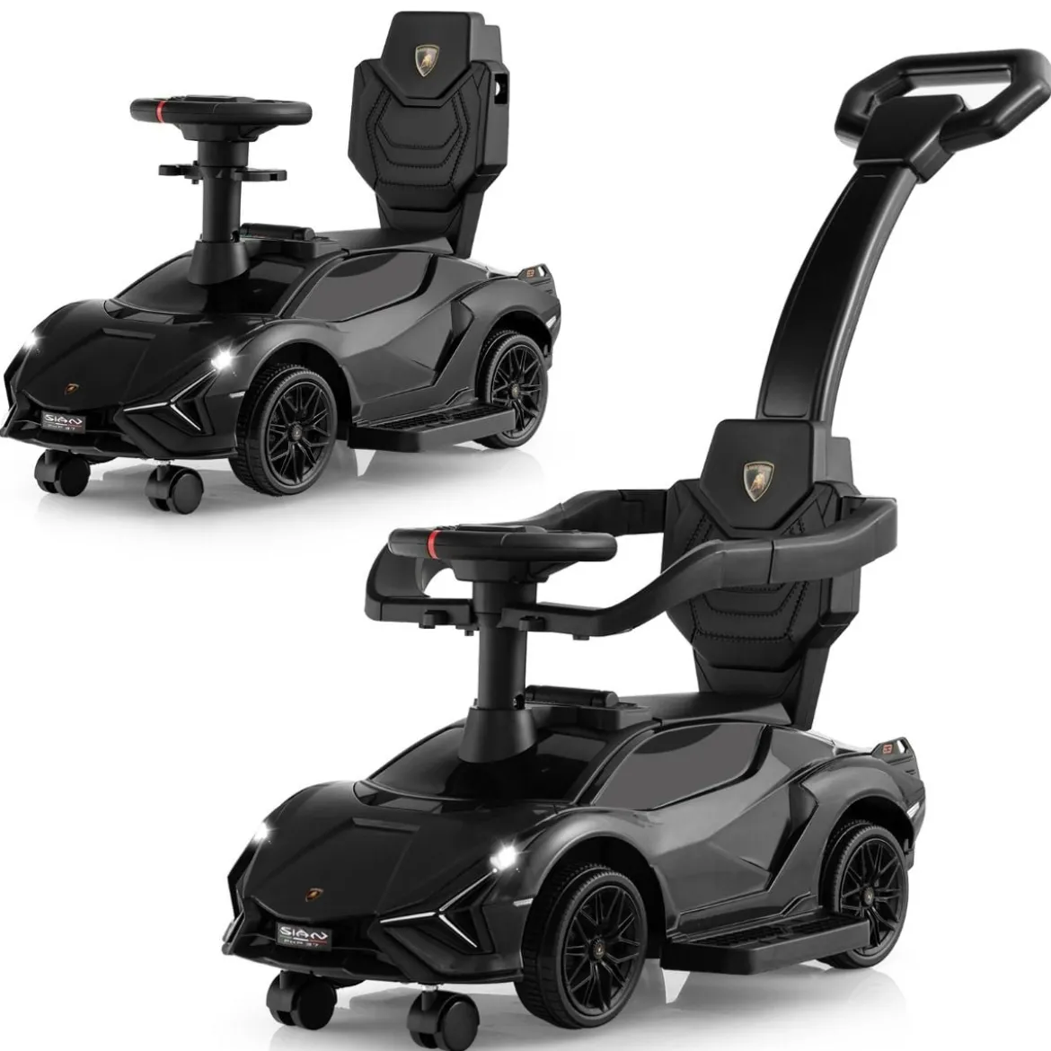 3-in-1 Lamborghini Rutschauto Schiebauto mit Scheinwerfern & Musik & Stauraum Weiß/Schwarz/Rosa