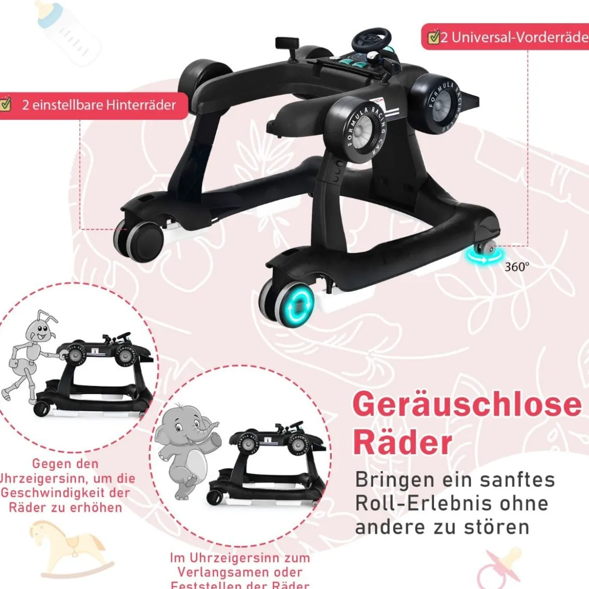 4 in 1 Lauflernhilfe Lauflernwagen Klappbar mit Einstellbarer Höhe 15kg Belastbar