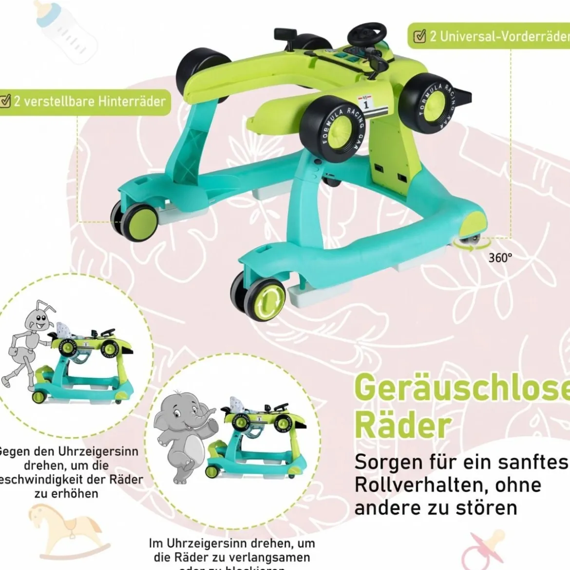4 in 1 Lauflernhilfe Lauflernwagen Klappbar mit Einstellbarer Höhe 15kg Belastbar
