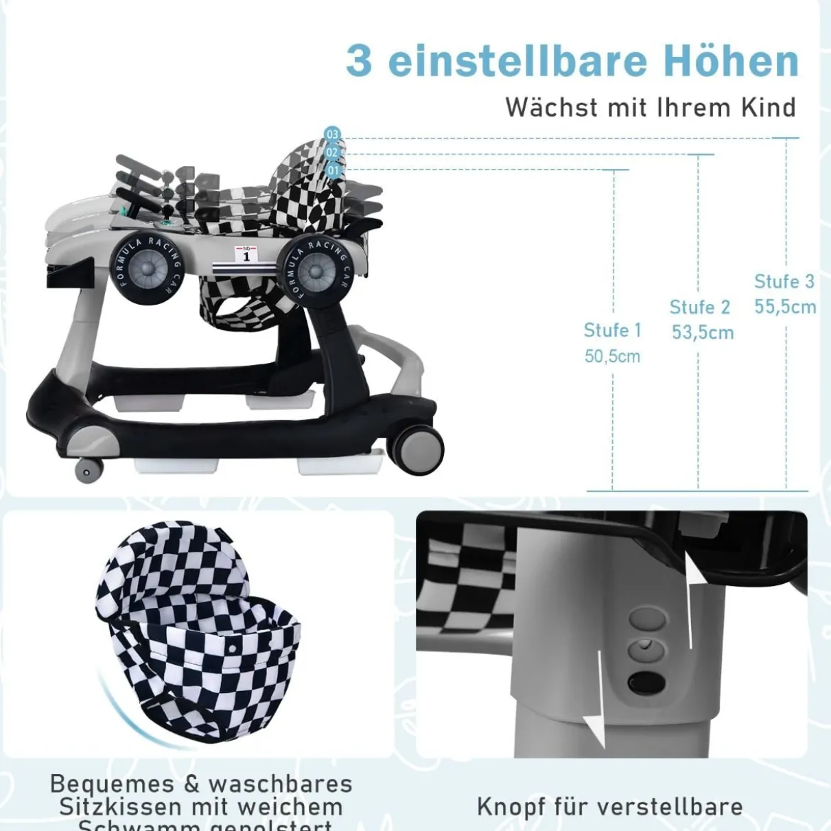 4 in 1 Lauflernhilfe Lauflernwagen Klappbar mit Einstellbarer Höhe 15kg Belastbar