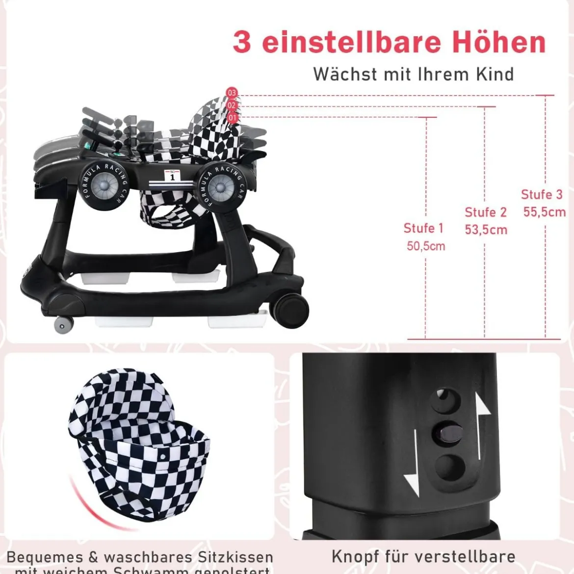 4 in 1 Lauflernhilfe Lauflernwagen Klappbar mit Einstellbarer Höhe 15kg Belastbar