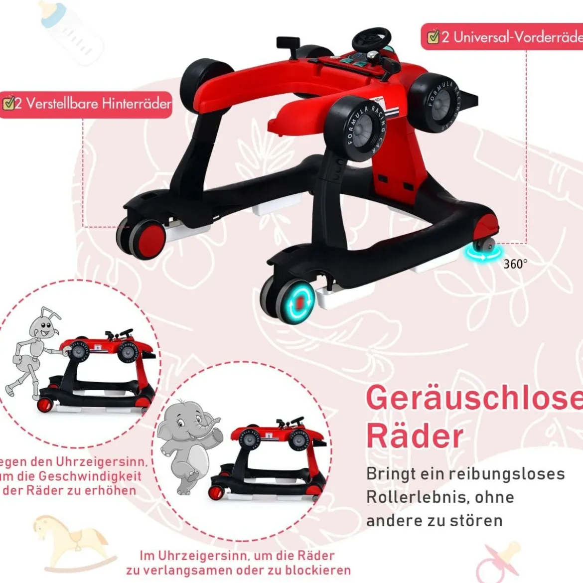 4 in 1 Lauflernhilfe Lauflernwagen Klappbar mit Einstellbarer Höhe 15kg Belastbar