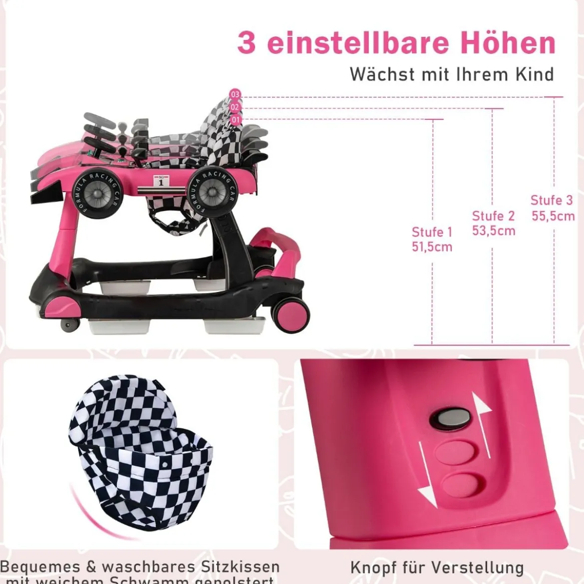 4 in 1 Lauflernhilfe Lauflernwagen Klappbar mit Einstellbarer Höhe 15kg Belastbar