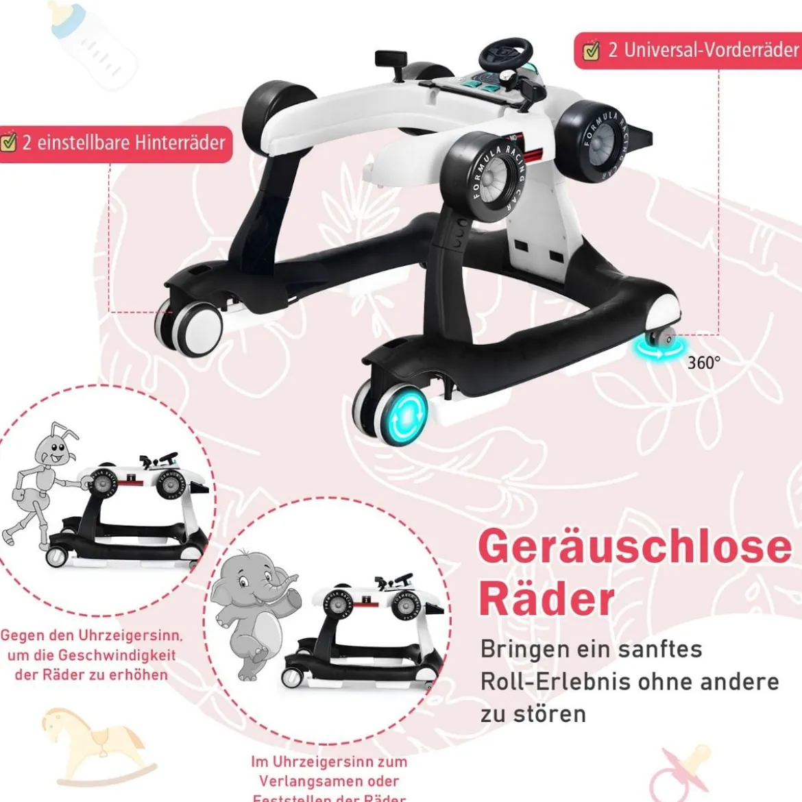 4 in 1 Lauflernhilfe Lauflernwagen Klappbar mit Einstellbarer Höhe 15kg Belastbar