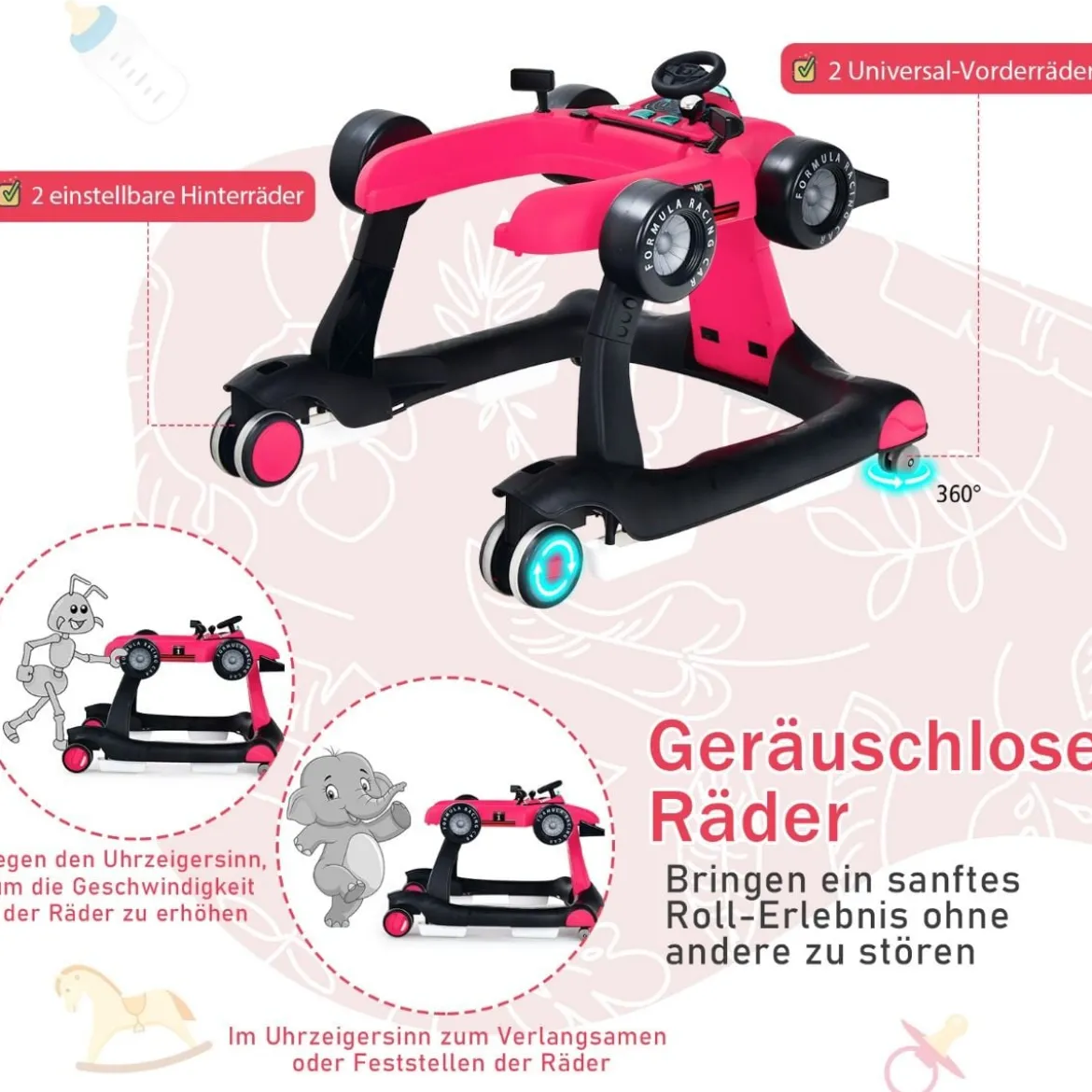 4 in 1 Lauflernhilfe Lauflernwagen Klappbar mit Einstellbarer Höhe 15kg Belastbar