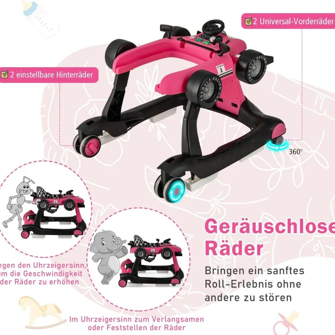 4 in 1 Lauflernhilfe Lauflernwagen Klappbar mit Einstellbarer Höhe 15kg Belastbar