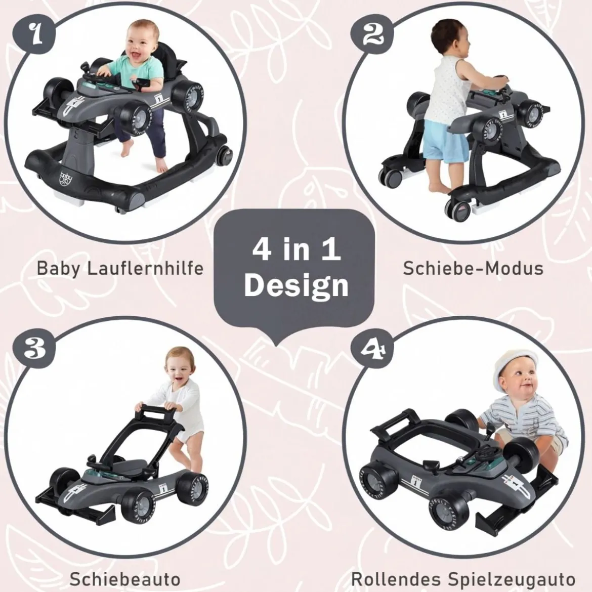 4 in 1 Lauflernhilfe Lauflernwagen Klappbar mit Einstellbarer Höhe 15kg Belastbar