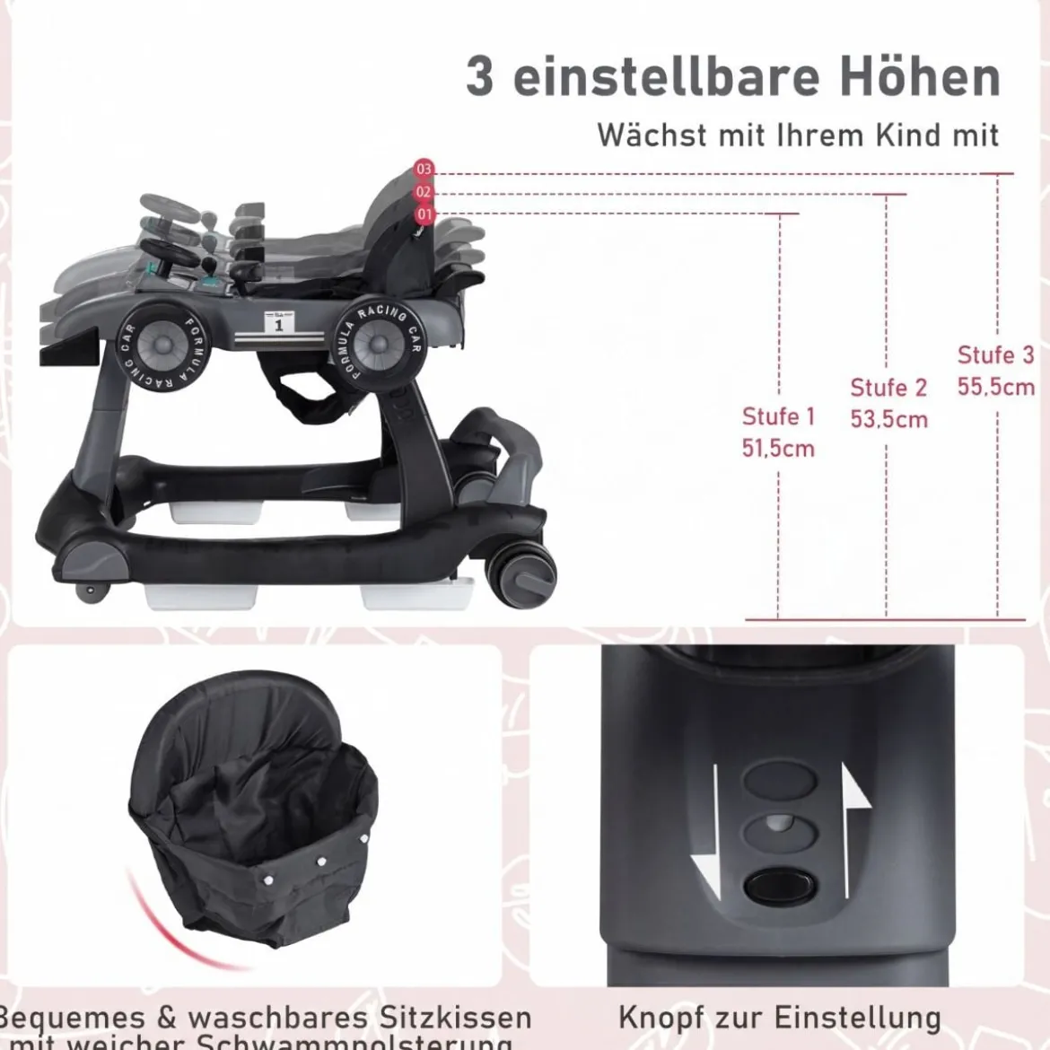 4 in 1 Lauflernhilfe Lauflernwagen Klappbar mit Einstellbarer Höhe 15kg Belastbar