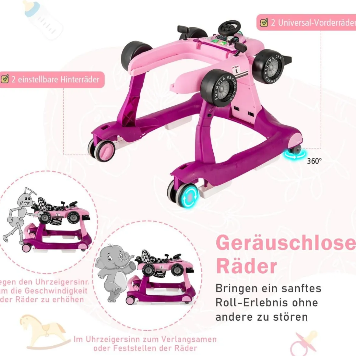 4 in 1 Lauflernhilfe Lauflernwagen Klappbar mit Einstellbarer Höhe 15kg Belastbar