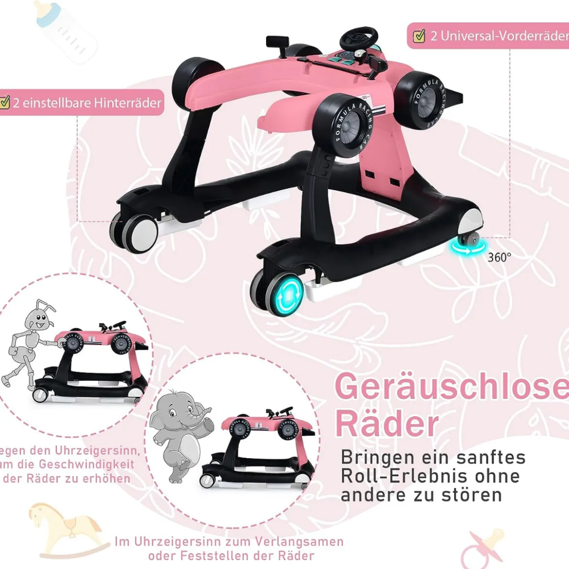 4 in 1 Lauflernhilfe Lauflernwagen Klappbar mit Einstellbarer Höhe 15kg Belastbar
