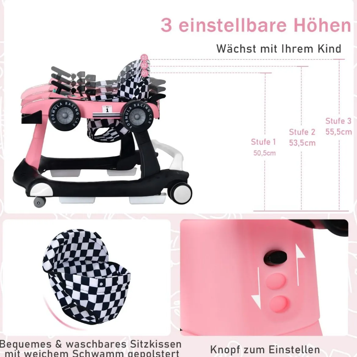 4 in 1 Lauflernhilfe Lauflernwagen Klappbar mit Einstellbarer Höhe 15kg Belastbar