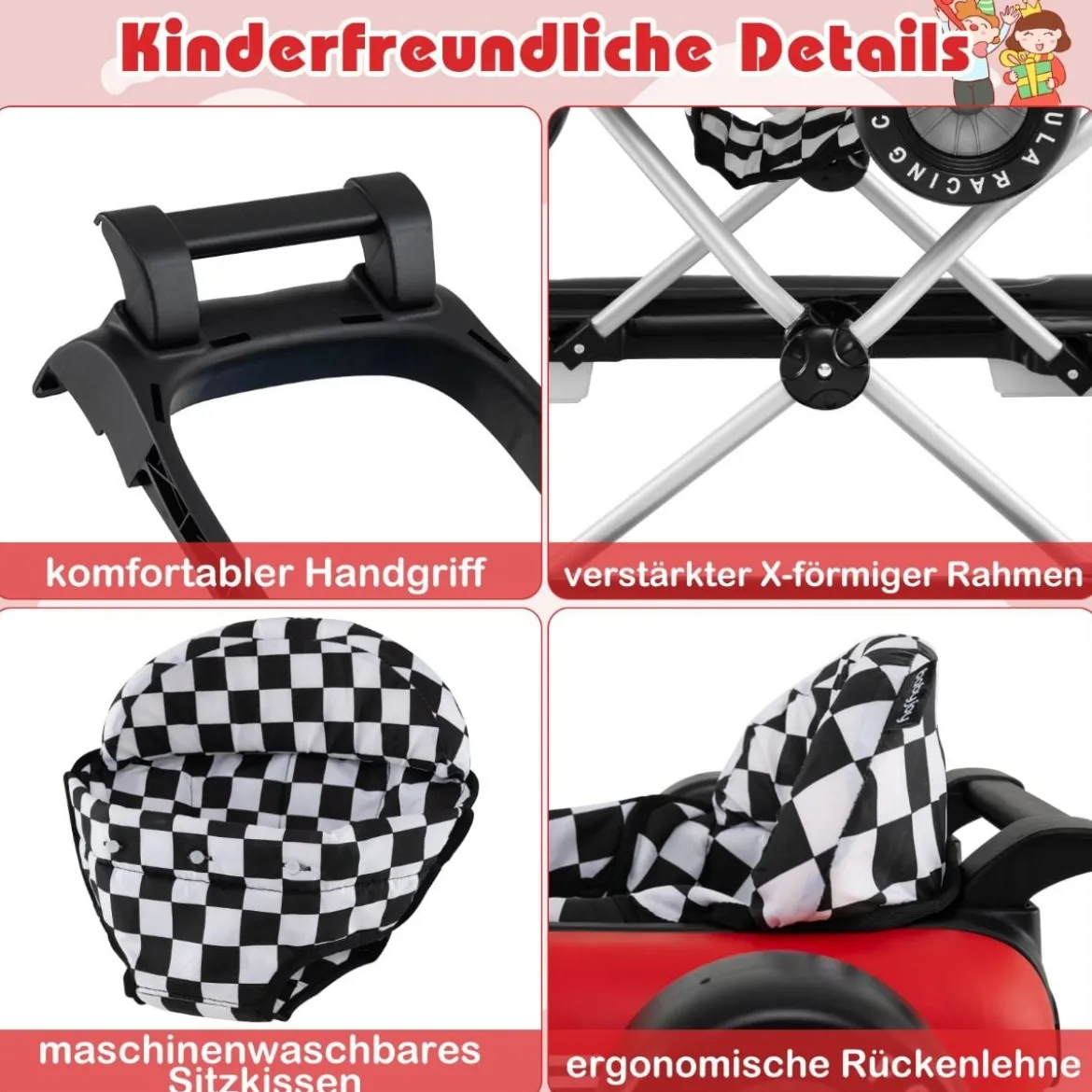 4 in 1 Lauflernhilfe Lauflernwagen klappbar mit einstellbarer Höhe Baby Walker Autoförmig Rot