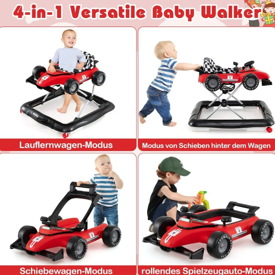 4 in 1 Lauflernhilfe Lauflernwagen klappbar mit einstellbarer Höhe Baby Walker Autoförmig Rot