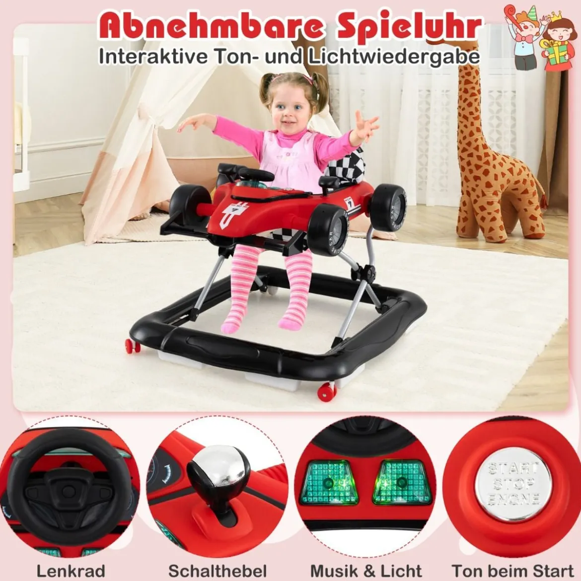 4 in 1 Lauflernhilfe Lauflernwagen klappbar mit einstellbarer Höhe Baby Walker Autoförmig Rot