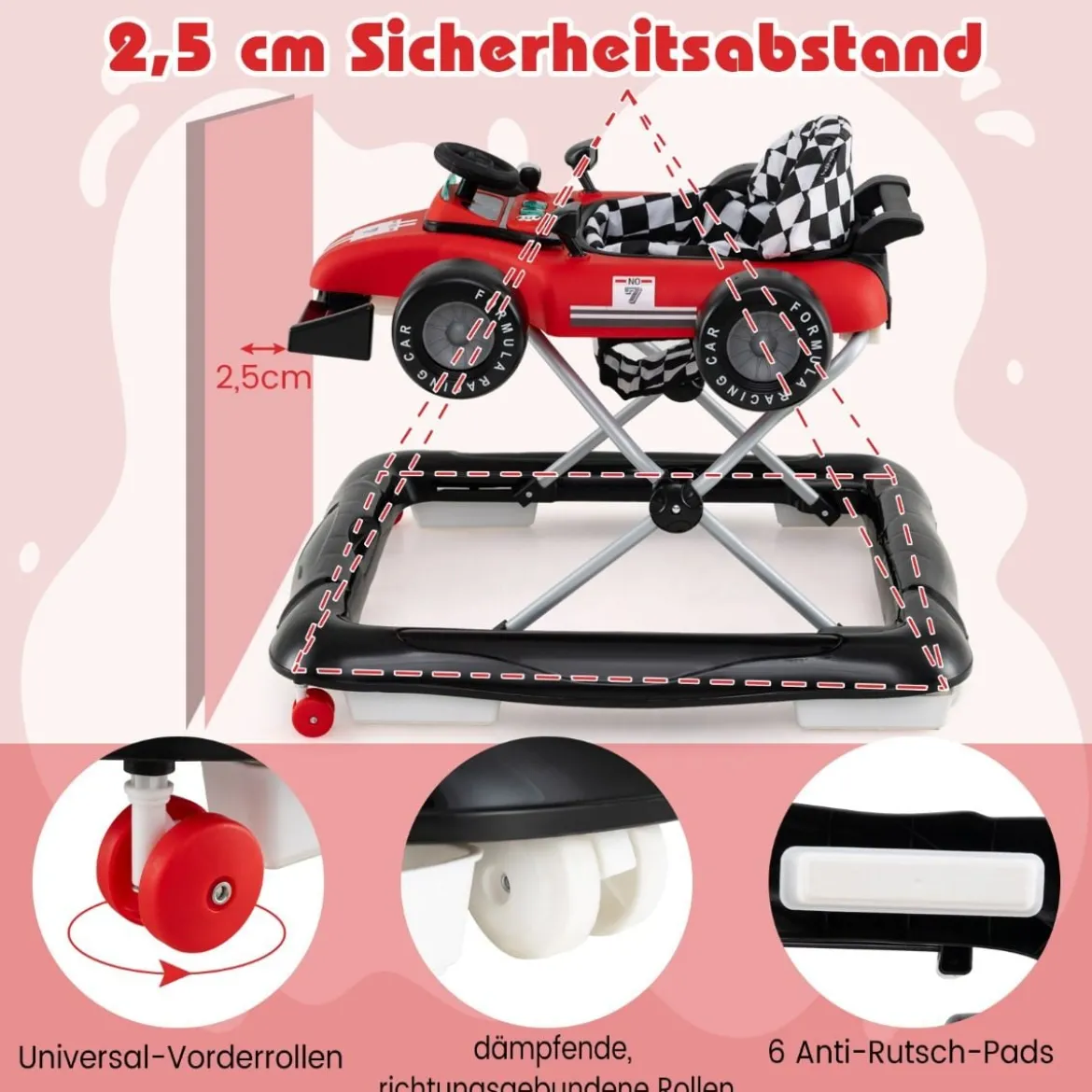 4 in 1 Lauflernhilfe Lauflernwagen klappbar mit einstellbarer Höhe Baby Walker Autoförmig Rot