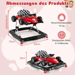 4 in 1 Lauflernhilfe Lauflernwagen klappbar mit einstellbarer Höhe Baby Walker Autoförmig Rot