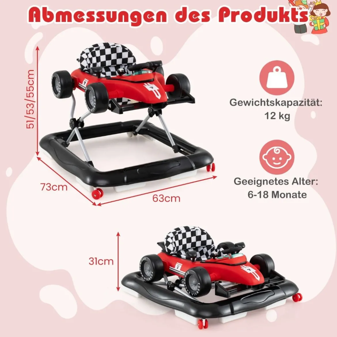 4 in 1 Lauflernhilfe Lauflernwagen klappbar mit einstellbarer Höhe Baby Walker Autoförmig Rot