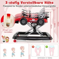 4 in 1 Lauflernhilfe Lauflernwagen klappbar mit einstellbarer Höhe Baby Walker Autoförmig Rot