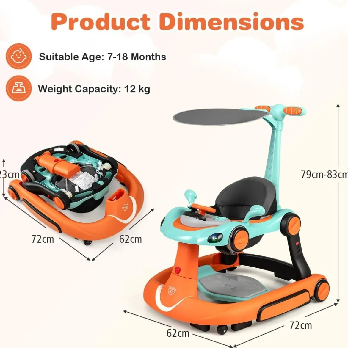 7 in 1 Lauflernhilfe mit Verdeck & Einstellbarer Höhe & Geschwindigkeit Klappbare Lauflerwagen Orange