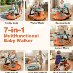 7 in 1 Lauflernhilfe mit Verdeck & Einstellbarer Höhe & Geschwindigkeit Klappbare Lauflerwagen Orange