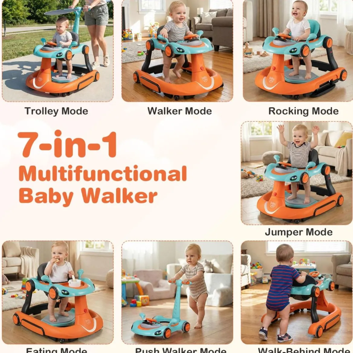 7 in 1 Lauflernhilfe mit Verdeck & Einstellbarer Höhe & Geschwindigkeit Klappbare Lauflerwagen Orange