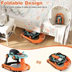 7 in 1 Lauflernhilfe mit Verdeck & Einstellbarer Höhe & Geschwindigkeit Klappbare Lauflerwagen Orange