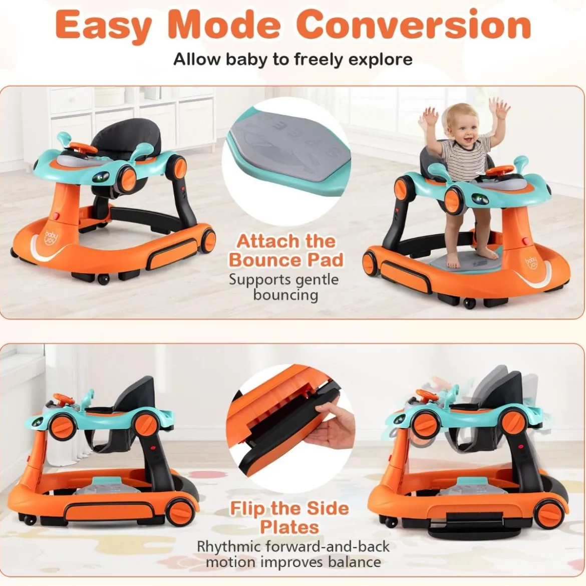 7 in 1 Lauflernhilfe mit Verdeck & Einstellbarer Höhe & Geschwindigkeit Klappbare Lauflerwagen Orange