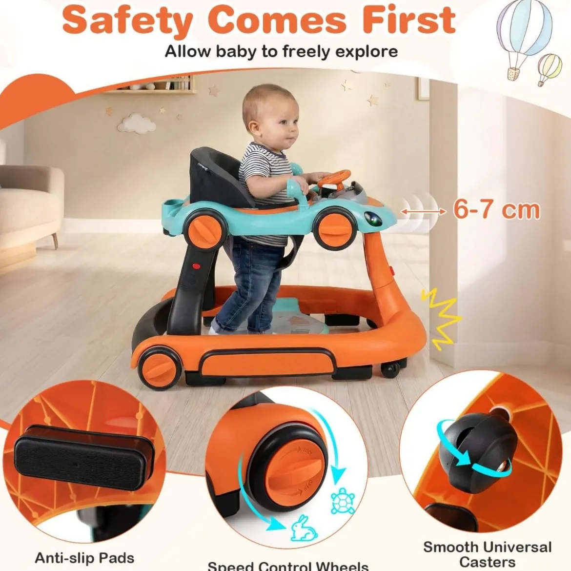 7 in 1 Lauflernhilfe mit Verdeck & Einstellbarer Höhe & Geschwindigkeit Klappbare Lauflerwagen Orange