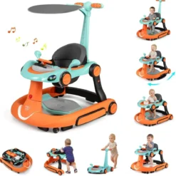 7 in 1 Lauflernhilfe mit Verdeck & Einstellbarer Höhe & Geschwindigkeit Klappbare Lauflerwagen Orange