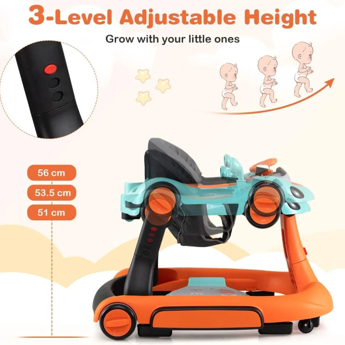 7 in 1 Lauflernhilfe mit Verdeck & Einstellbarer Höhe & Geschwindigkeit Klappbare Lauflerwagen Orange