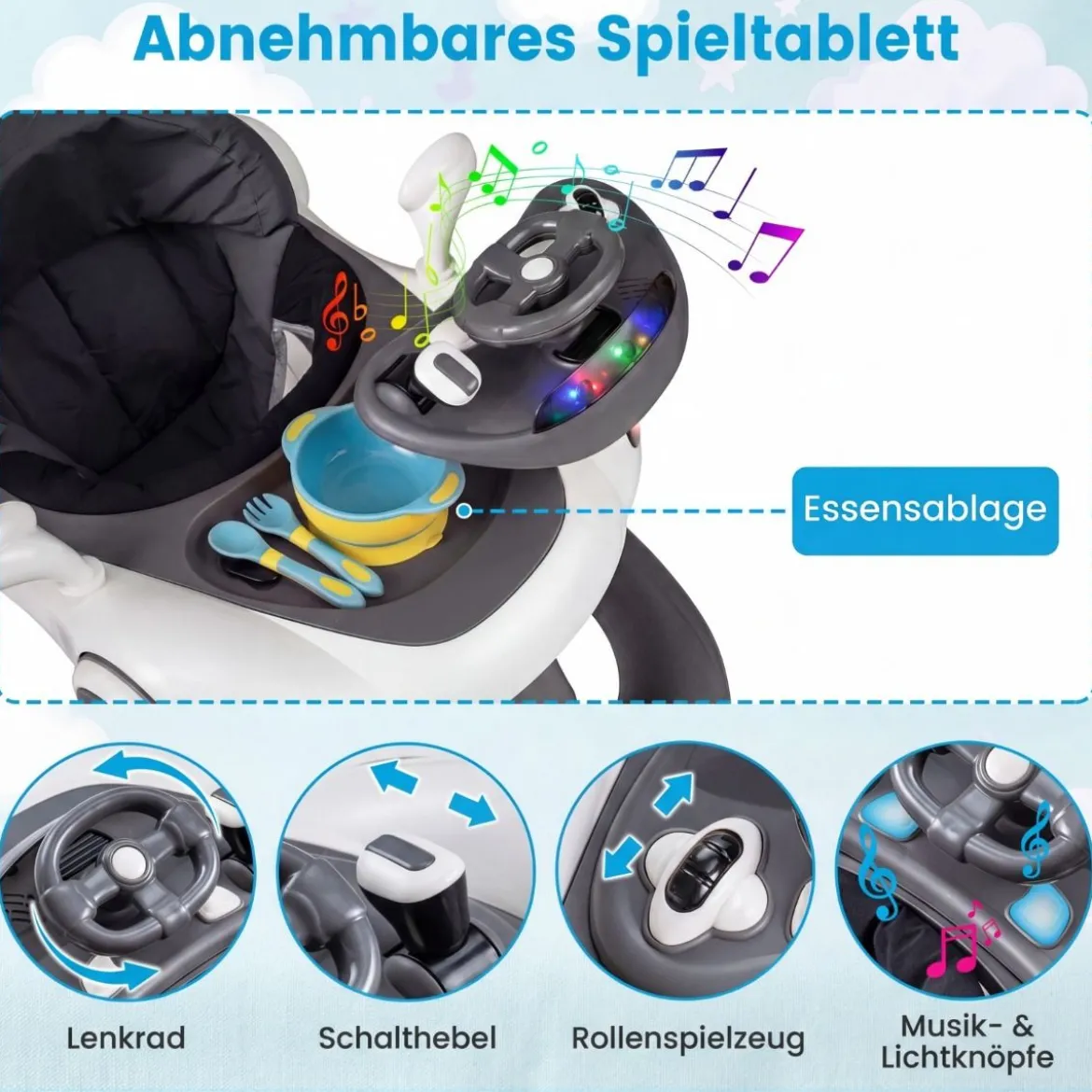 7 in 1 Lauflernhilfe mit Verdeck & Einstellbarer Höhe & Geschwindigkeit Klappbare Lauflerwagen Grau