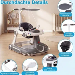 7 in 1 Lauflernhilfe mit Verdeck & Einstellbarer Höhe & Geschwindigkeit Klappbare Lauflerwagen Grau