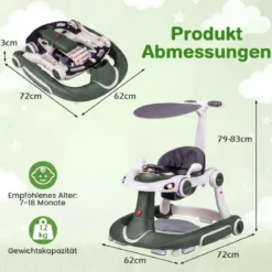 7 in 1 Lauflernhilfe mit Verdeck & Einstellbarer Höhe & Geschwindigkeit Klappbare Lauflerwagen Grün
