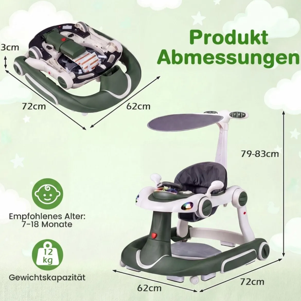 7 in 1 Lauflernhilfe mit Verdeck & Einstellbarer Höhe & Geschwindigkeit Klappbare Lauflerwagen Grün