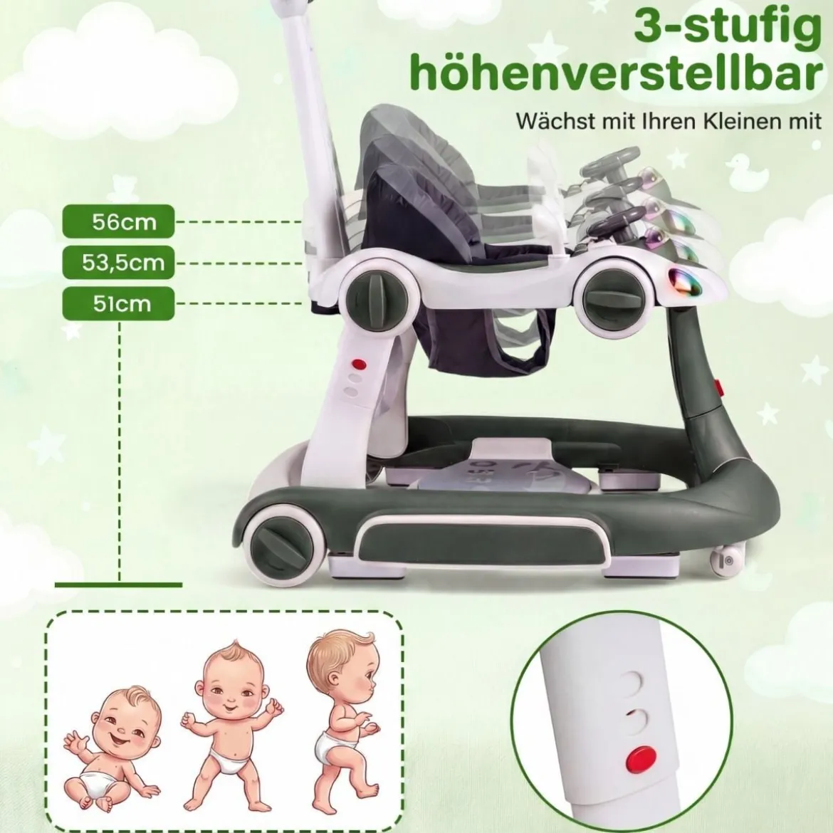 7 in 1 Lauflernhilfe mit Verdeck & Einstellbarer Höhe & Geschwindigkeit Klappbare Lauflerwagen Grün