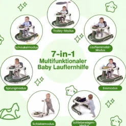 7 in 1 Lauflernhilfe mit Verdeck & Einstellbarer Höhe & Geschwindigkeit Klappbare Lauflerwagen Grün