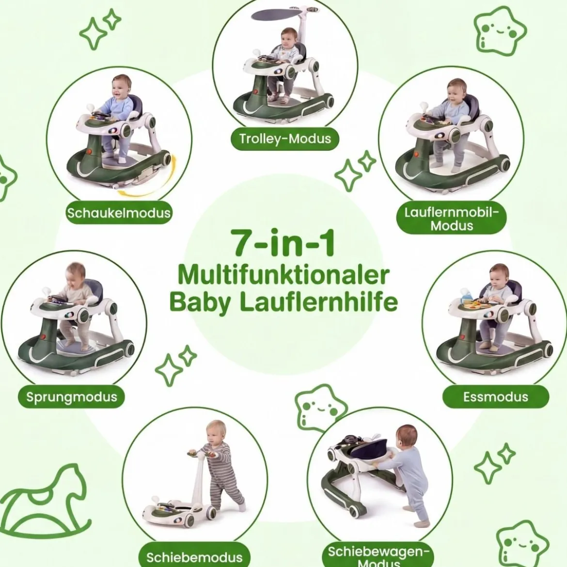 7 in 1 Lauflernhilfe mit Verdeck & Einstellbarer Höhe & Geschwindigkeit Klappbare Lauflerwagen Grün