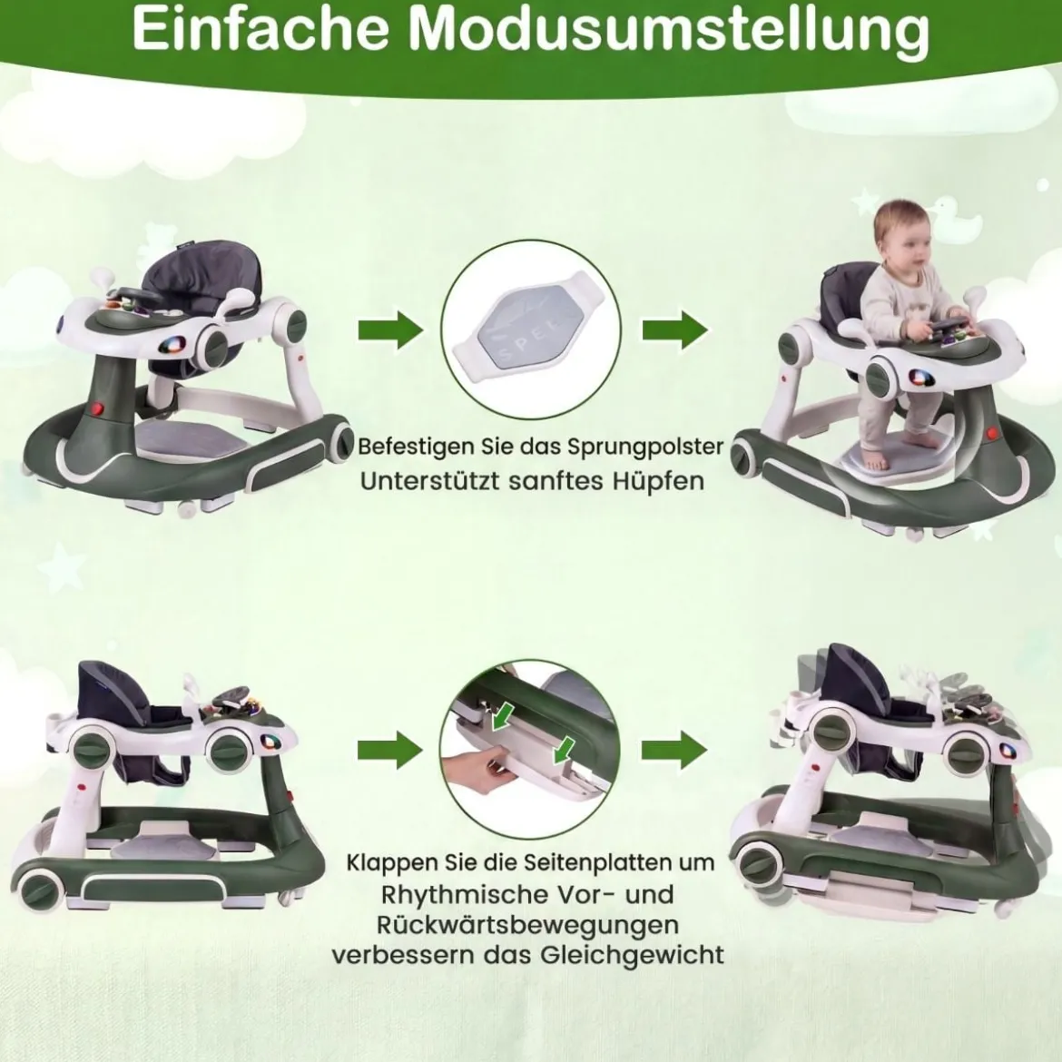 7 in 1 Lauflernhilfe mit Verdeck & Einstellbarer Höhe & Geschwindigkeit Klappbare Lauflerwagen Grün