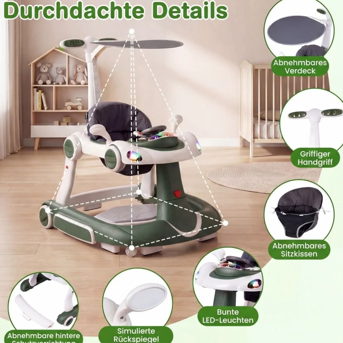 7 in 1 Lauflernhilfe mit Verdeck & Einstellbarer Höhe & Geschwindigkeit Klappbare Lauflerwagen Grün